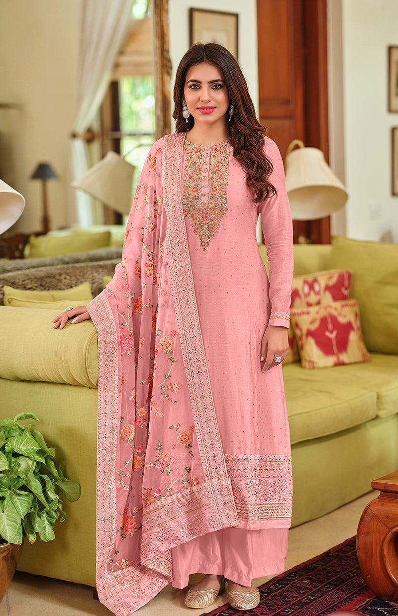 Women's Pink Color Viscose Silk Handwork Straight Salwar Suit - Monjolika