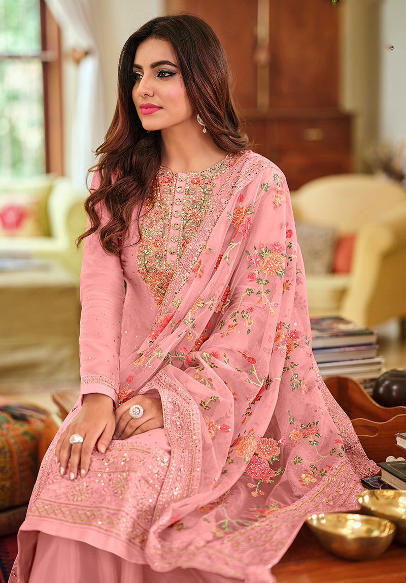 Women's Pink Color Viscose Silk Handwork Straight Salwar Suit - Monjolika