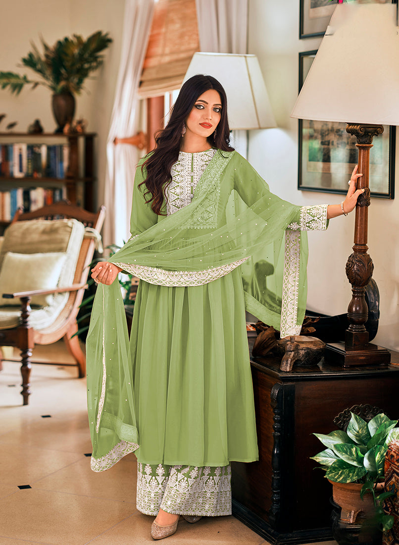 Women's Light Green Embroidered Georgette Sharara Salwar Kameez - Monjolika