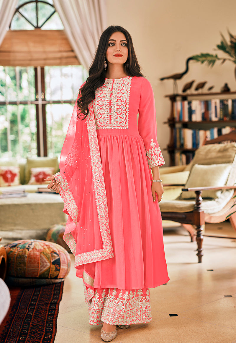 Women's Pink Embroidered Georgette Sharara Salwar Kameez - Monjolika