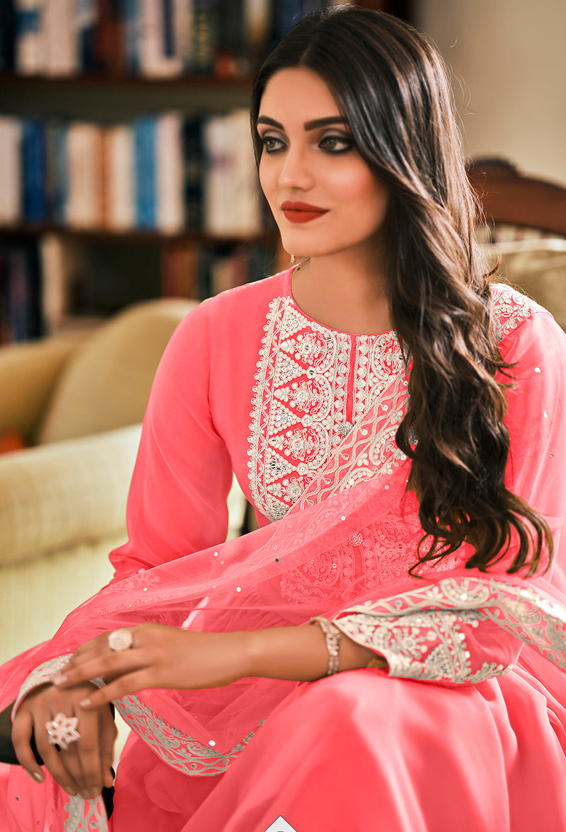 Women's Pink Embroidered Georgette Sharara Salwar Kameez - Monjolika
