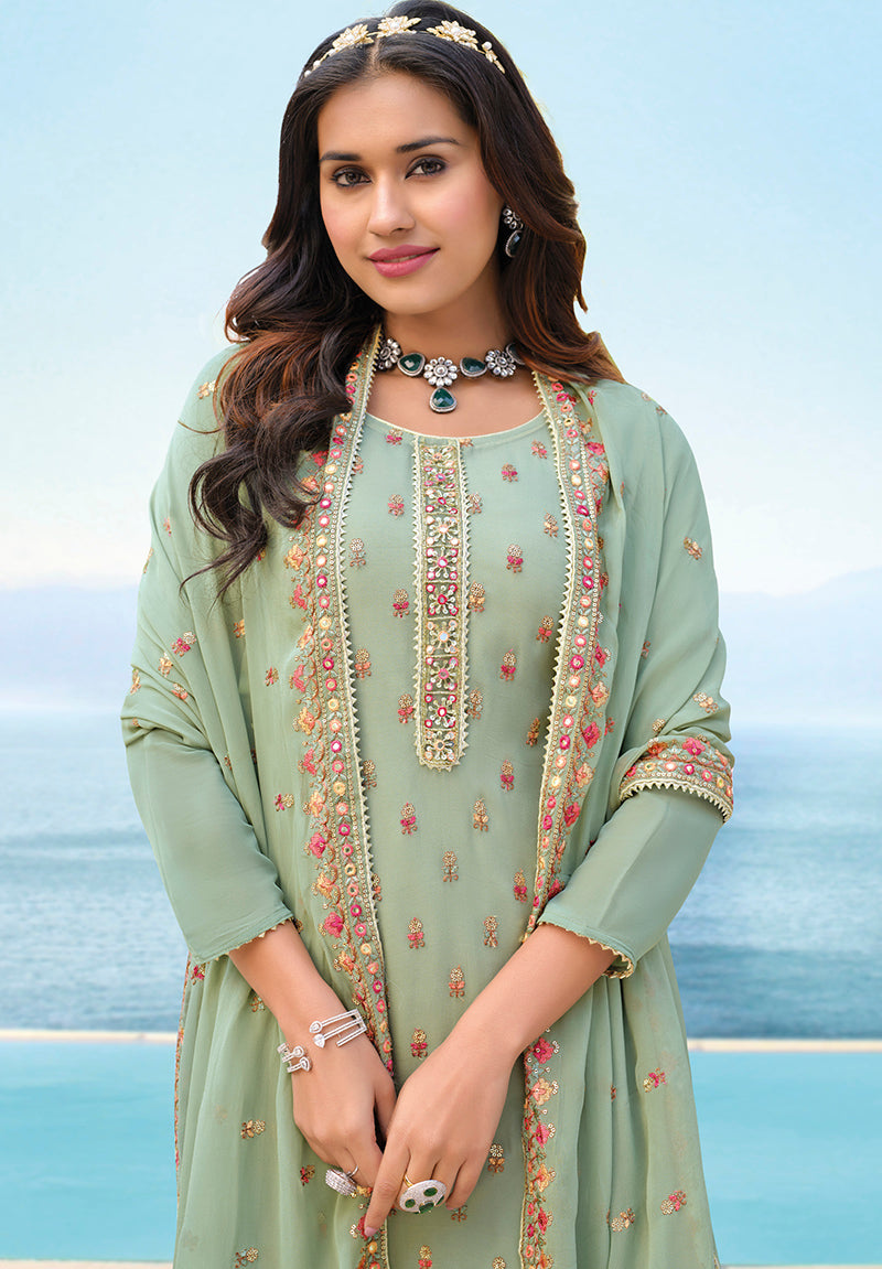Women's Sea Green Color Chinnon Georgette Trendy Salwar Kameez - Monjolika