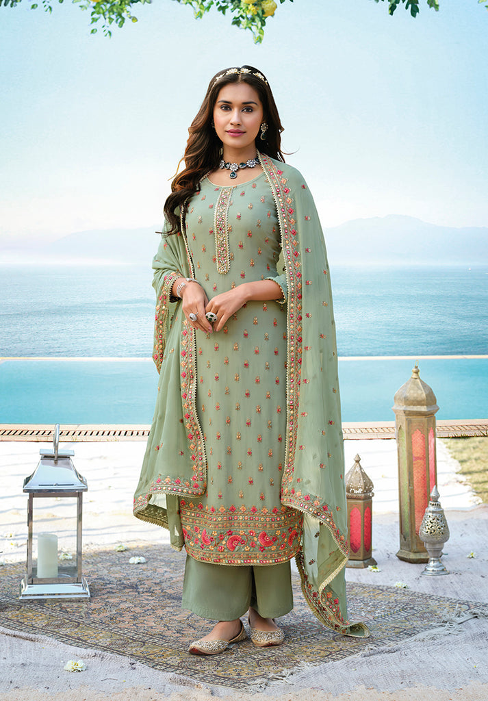 Women's Sea Green Color Chinnon Georgette Trendy Salwar Kameez