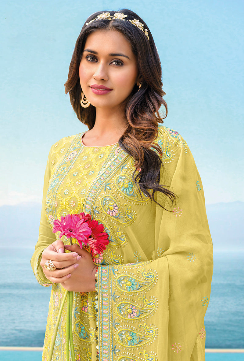 Women's Yellow Color Chinnon Georgette Trendy Salwar Kameez - Monjolika