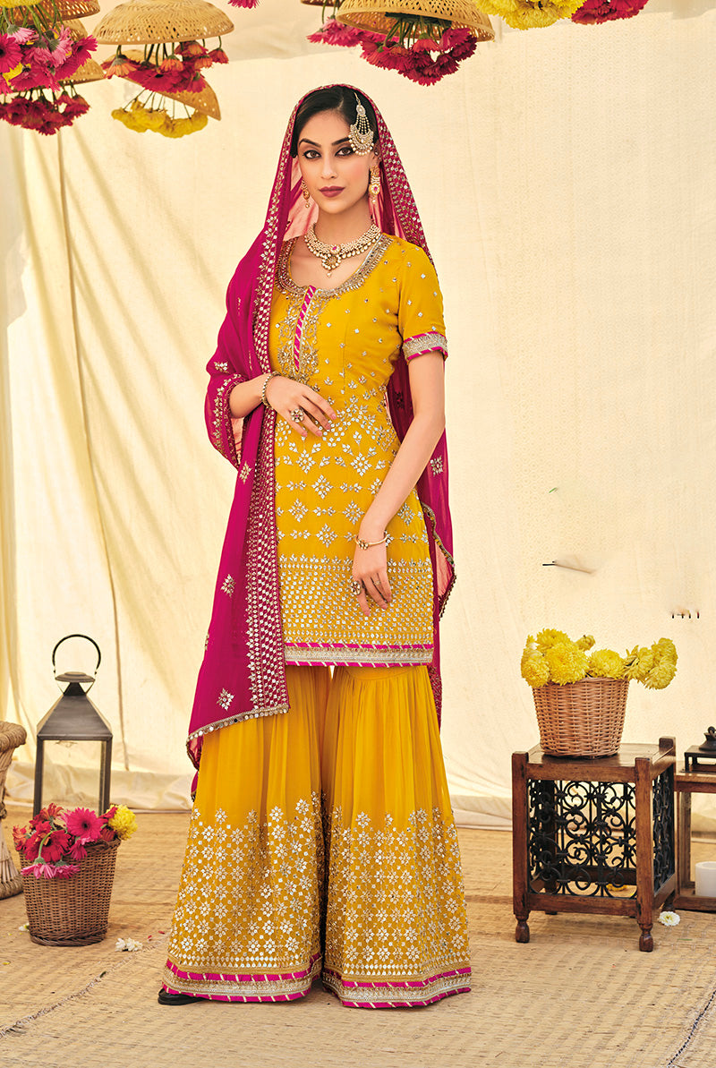 Women's Yellow Color Georgette Sequince Work Palazzo Suit - Monjolika