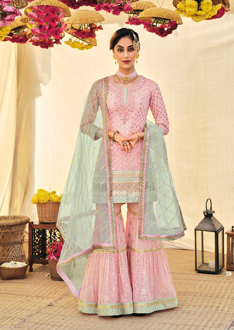 Women's Light pink Color Georgette Sequince Work Palazzo Suit - Monjolika