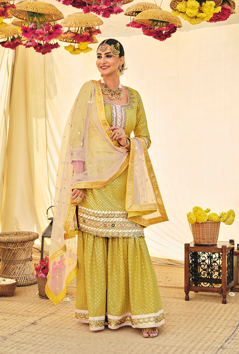 Women's Lime Yellow Color Georgette Sequince Work Palazzo Suit - Monjolika