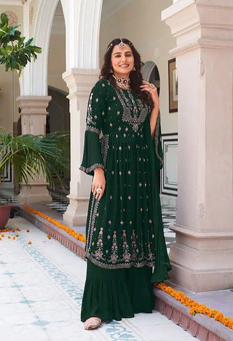 Women's Green Georgette Embroidered Anarkali Salwar Kameez   - Monjolika
