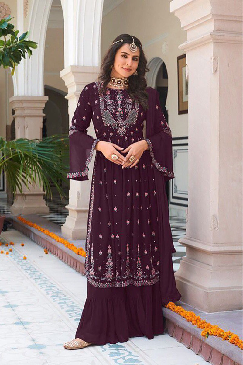 Women's Purple Georgette Embroidered Anarkali Salwar Kameez   - Monjolika