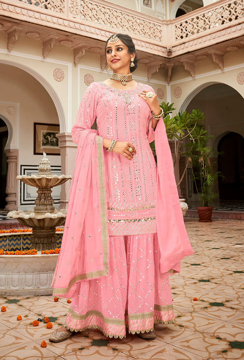 Women's Light Pink color Embroidered Georgette Palazzo Salwar Kameez - Monjolika