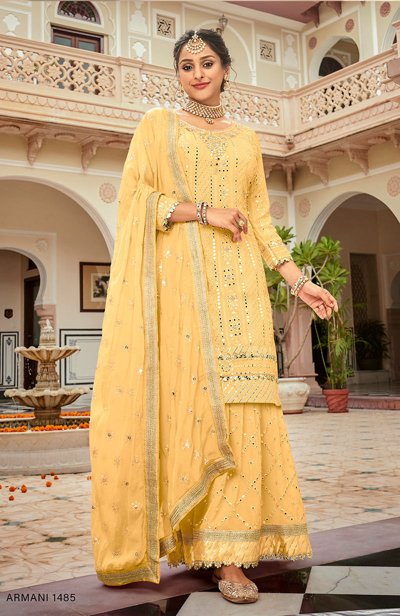 Women's Yellow color Embroidered Georgette Palazzo Salwar Kameez - Monjolika