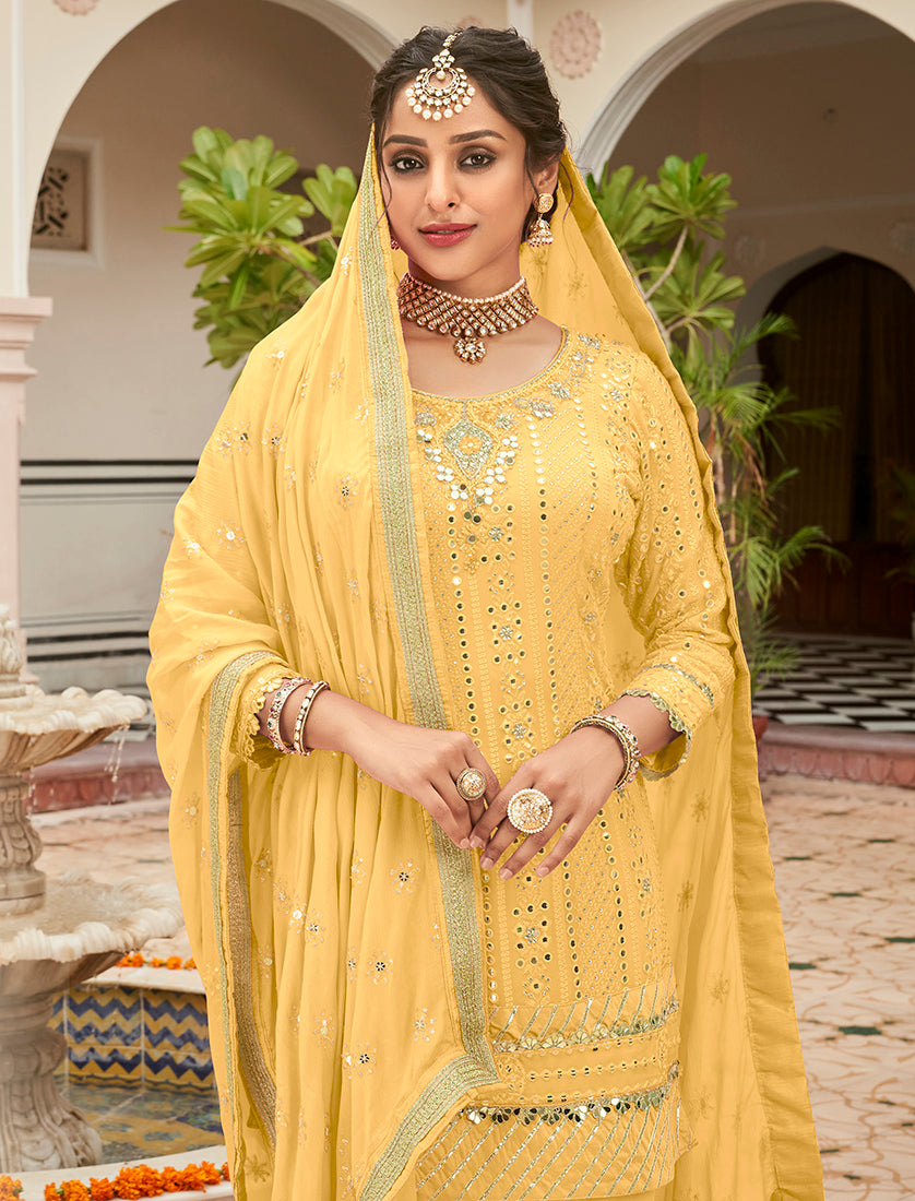 Women's Yellow color Embroidered Georgette Palazzo Salwar Kameez - Monjolika