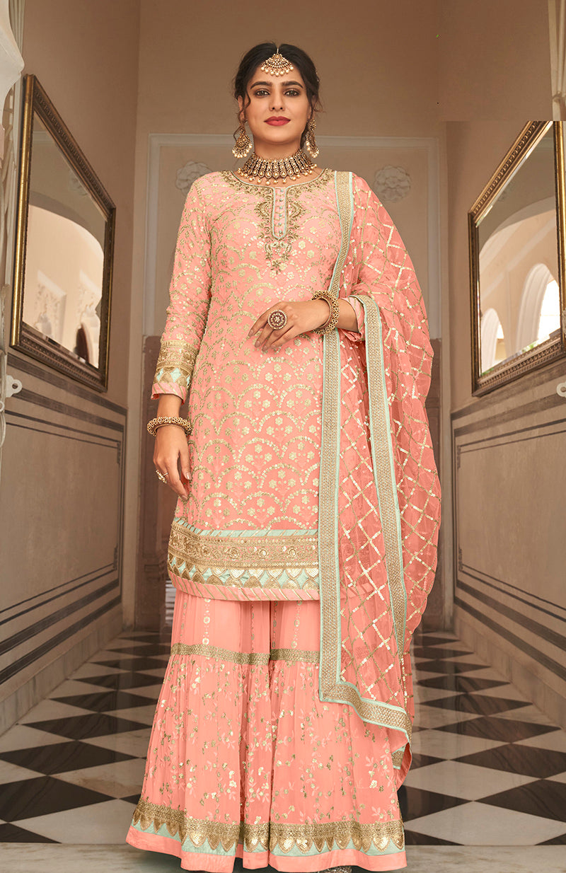 Women's Peach color Embroidered Georgette Palazzo Salwar Kameez - Monjolika