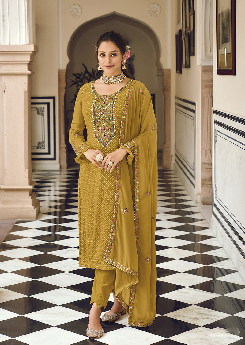Women's Mustard color Georgette Embroidered Stright Suit - Monjolika