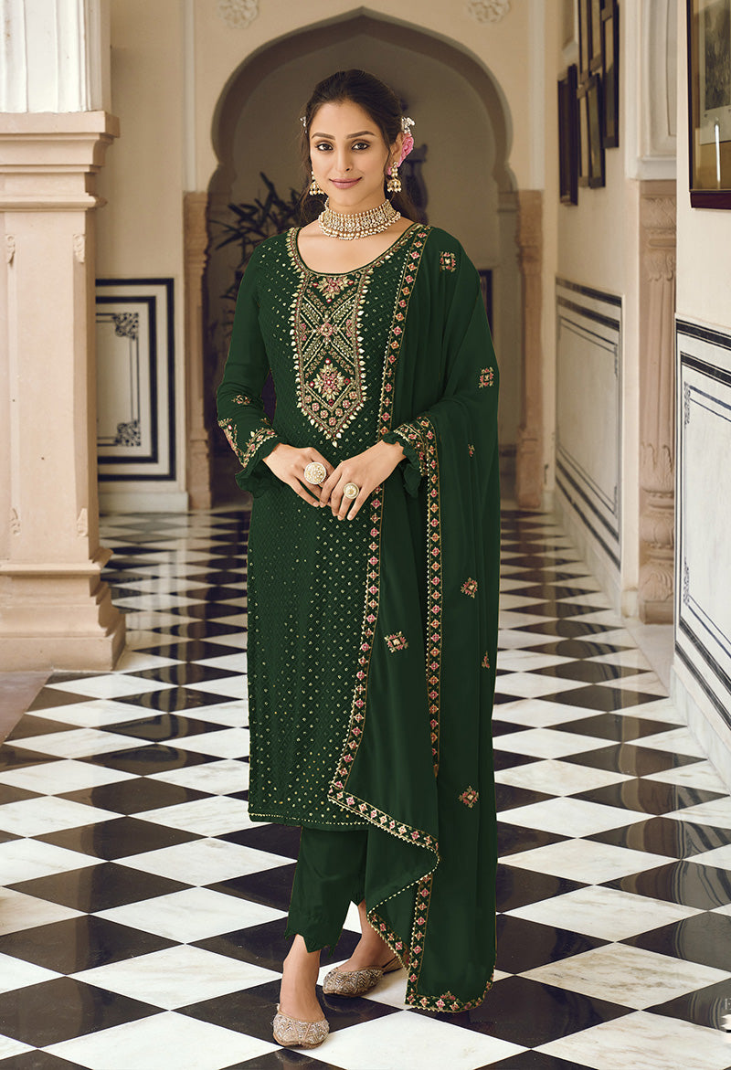 Women's Dark Green color Georgette Embroidered Stright Suit - Monjolika