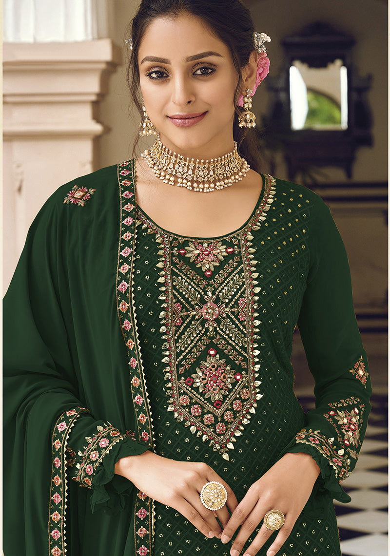 Women's Dark Green color Georgette Embroidered Stright Suit - Monjolika