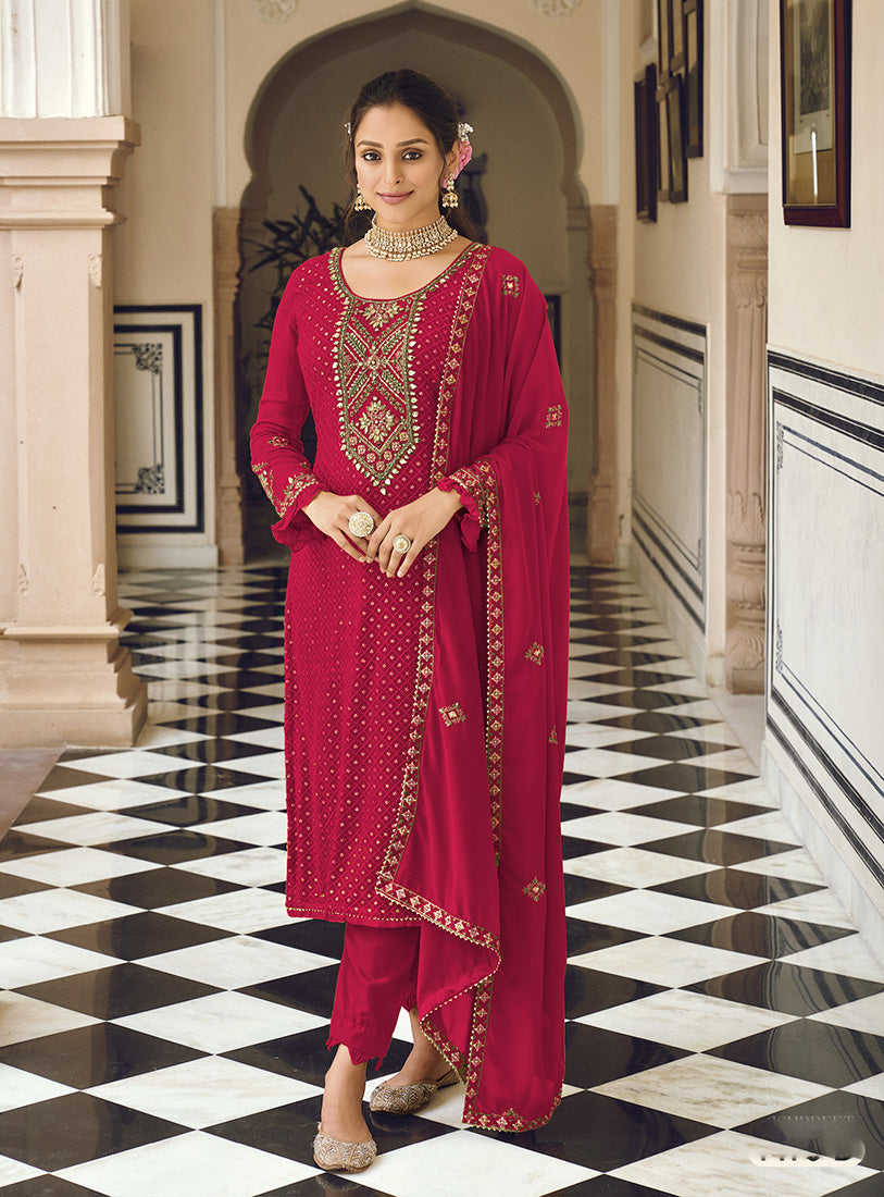 Women's Rani Pink color Georgette Embroidered Stright Suit - Monjolika