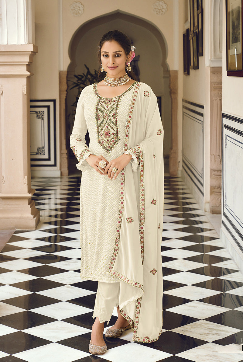 Women's Off White color Georgette Embroidered Stright Suit - Monjolika