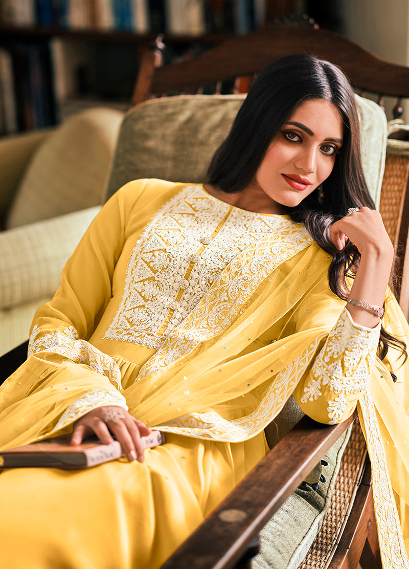 Women's Yellow Color Georgette Embroidered Party Salwar Suit - Monjolika