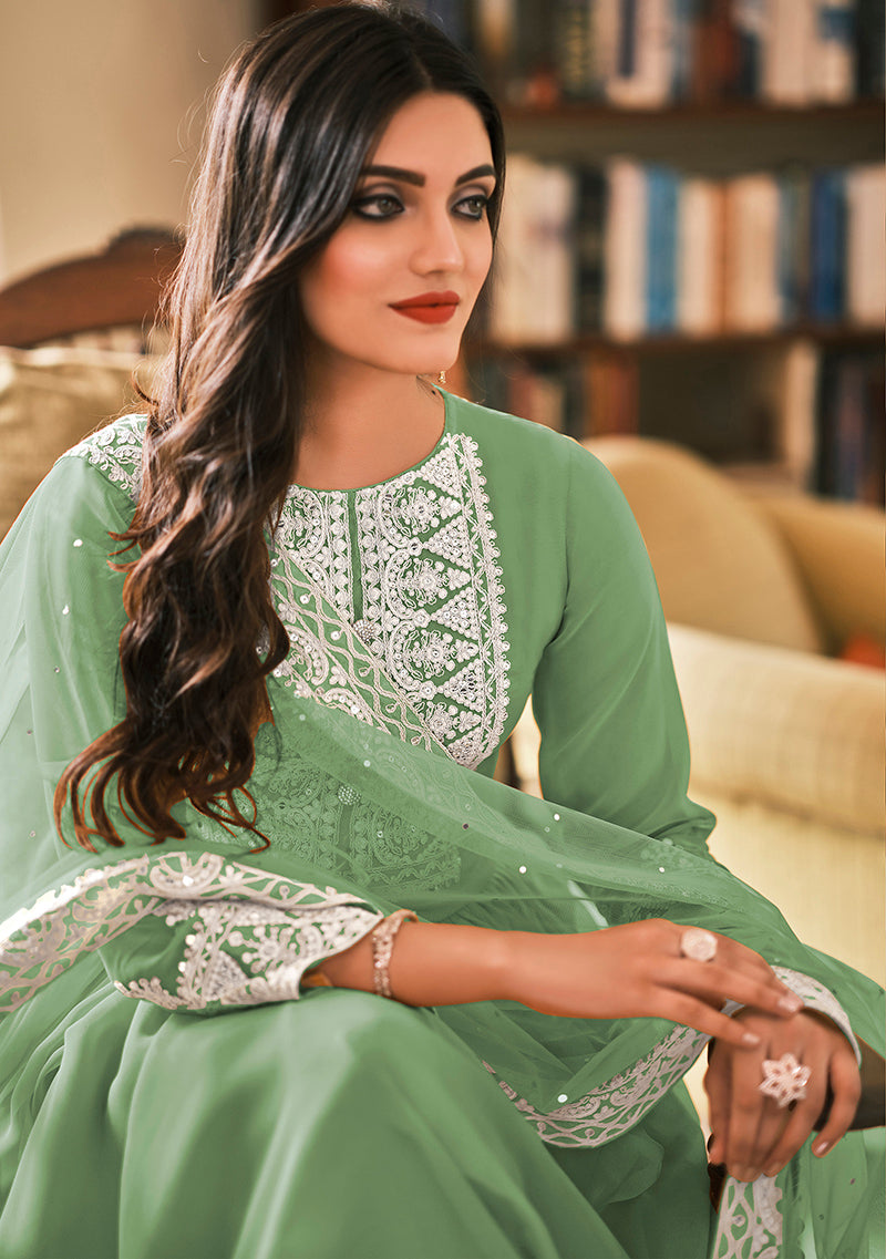 Women's Sea Green Color Georgette Embroidered Party Salwar Suit - Monjolika