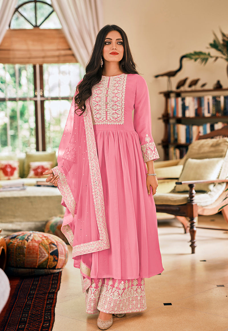 Women's Pink Color Georgette Embroidered Party Salwar Suit - Monjolika