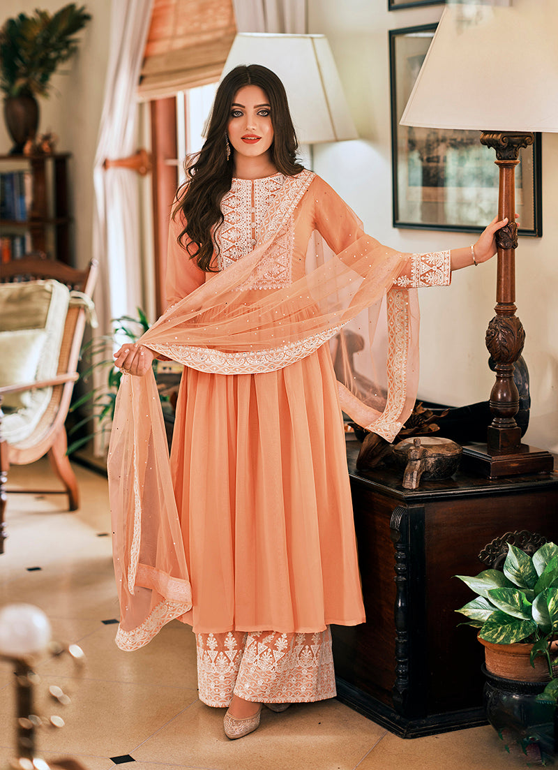 Women's Peach Color Georgette Embroidered Party Salwar Suit - Monjolika