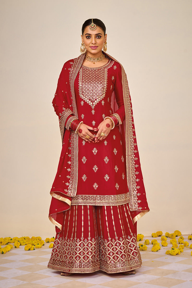 Women's Red Color Georgette Embroidered Palazzo Salwar Suit - Monjolika