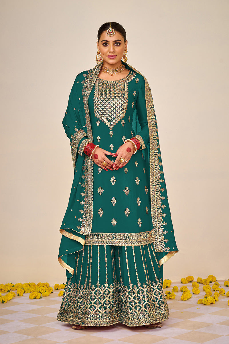 Women's Teal Color Georgette Embroidered Palazzo Salwar Suit - Monjolika