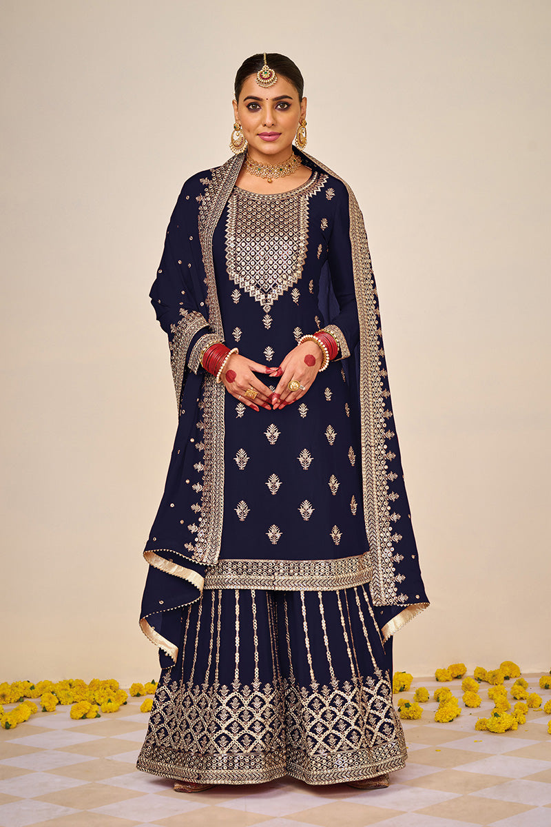 Women's Navy blue Color Georgette Embroidered Palazzo Salwar Suit - Monjolika