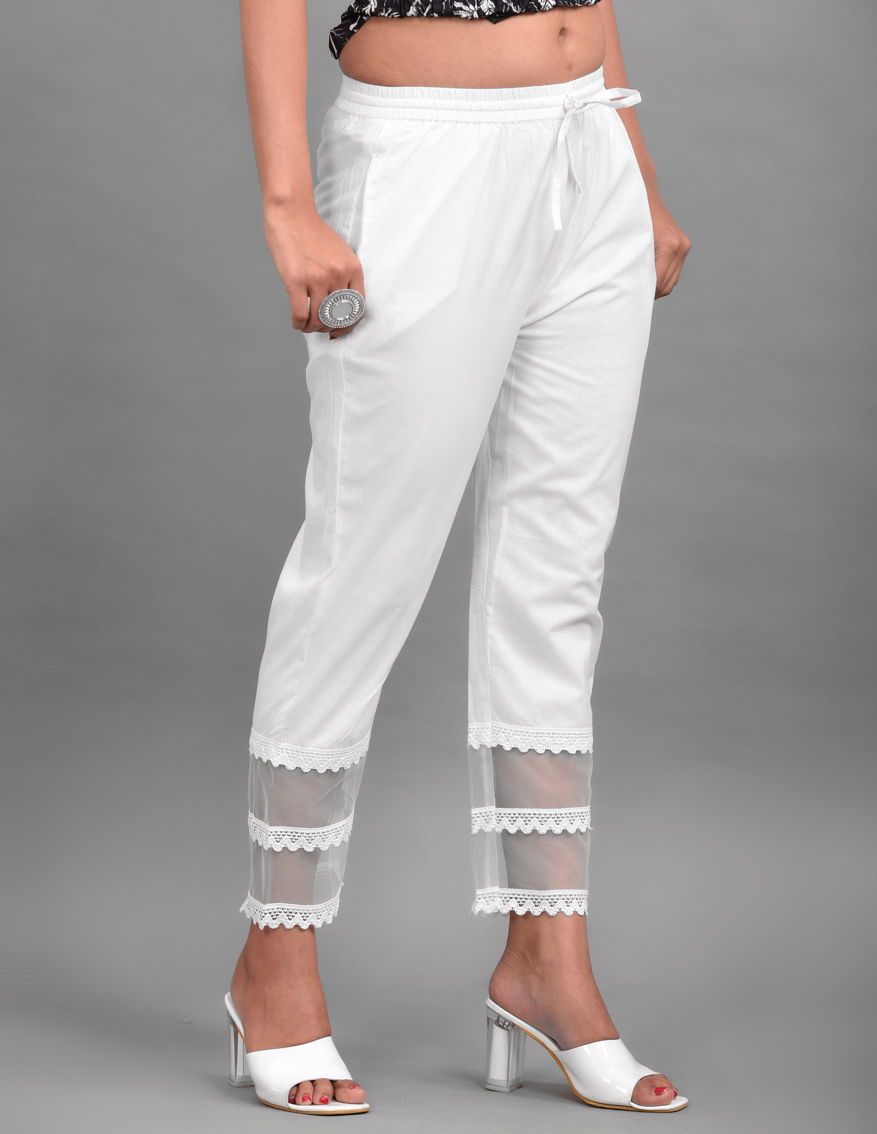 Women's White Cotton Sheer Hem Palazzo - Hatheli