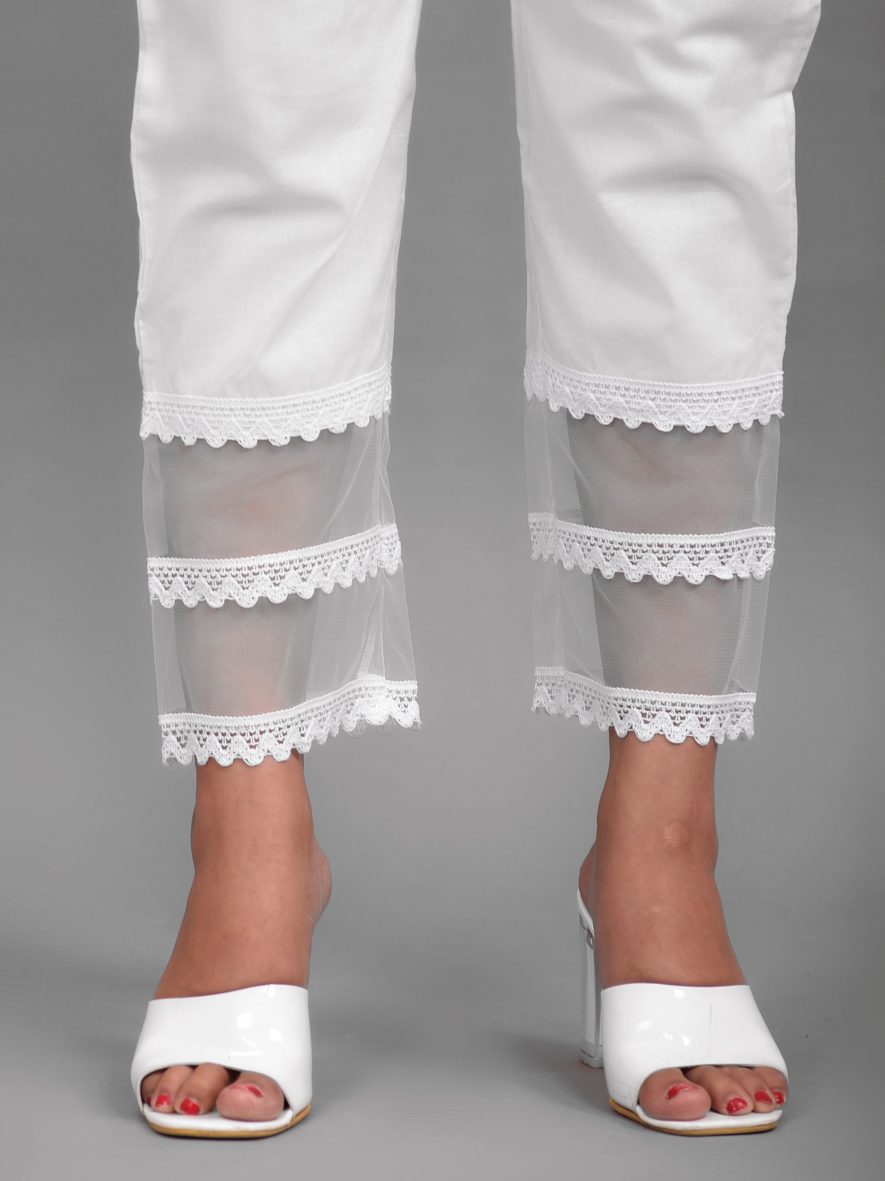 Women's White Cotton Sheer Hem Palazzo - Hatheli