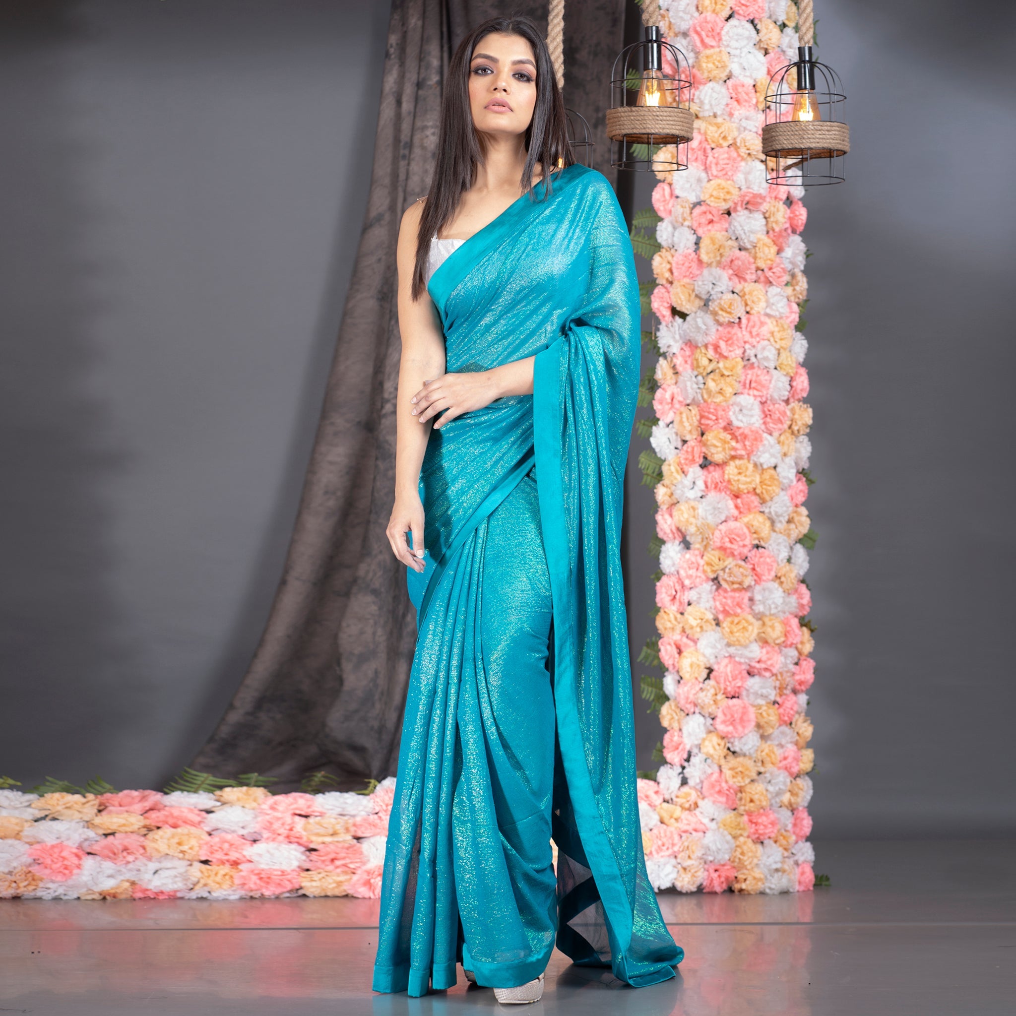 Women's Teal Blue Lurex Georgette Saree With Border - Boveee