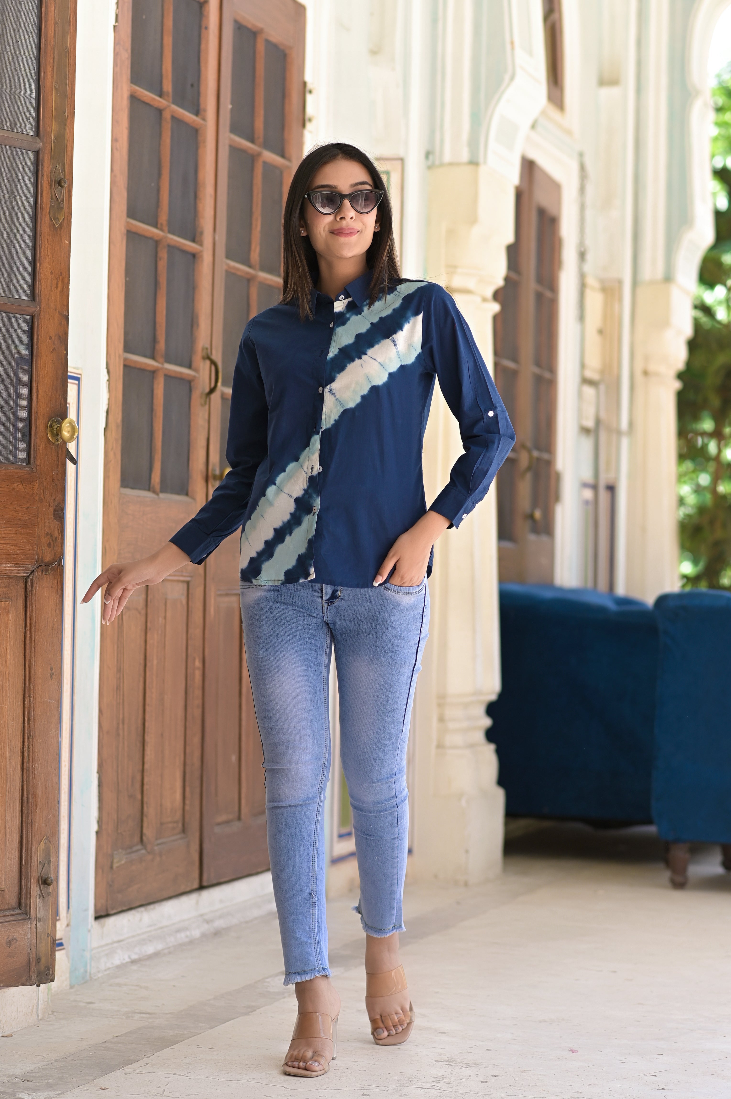 Women's Blue Diagonal Tie Dye Cotton Shirt - Hatheli