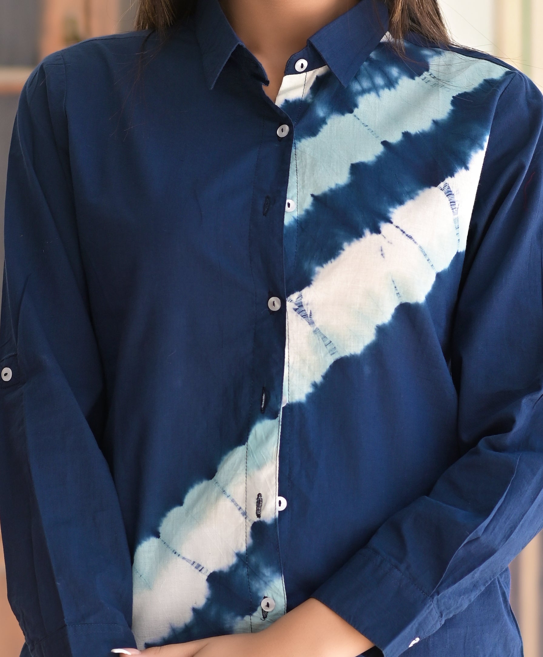 Women's Blue Diagonal Tie Dye Cotton Shirt - Hatheli
