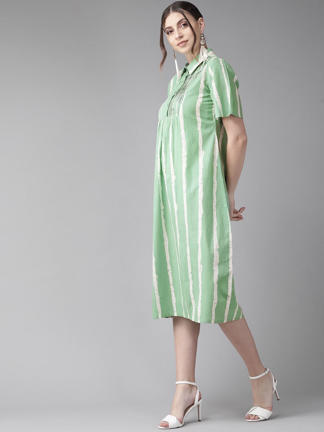Women's  Green & White Striped Shirt Dress - AKS