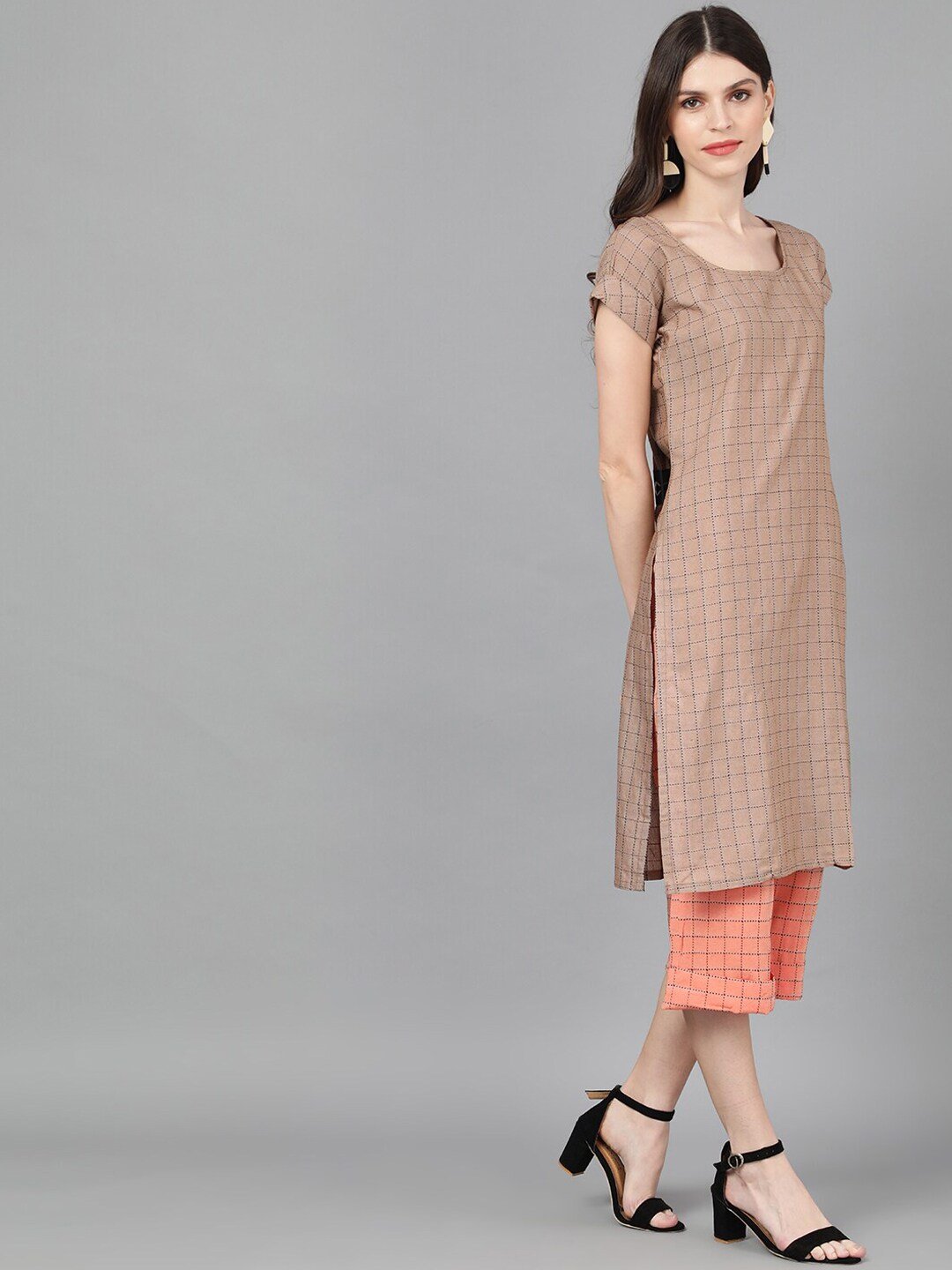 Women's  Brown & Peach-Coloured Embroidered Kurta with Trousers - AKS