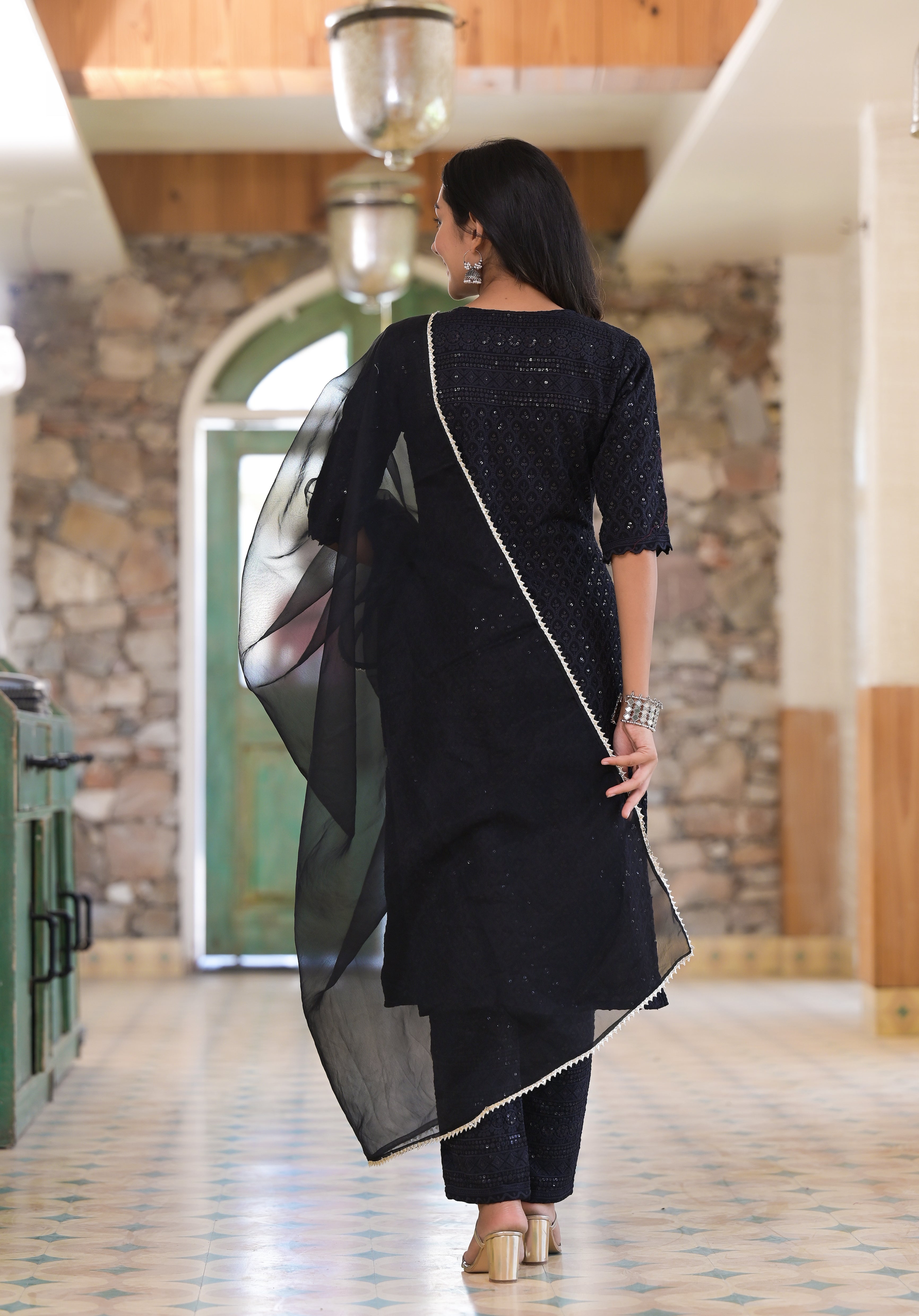 Women's Blissful Black Heavy Embroidered Suit - Hatheli