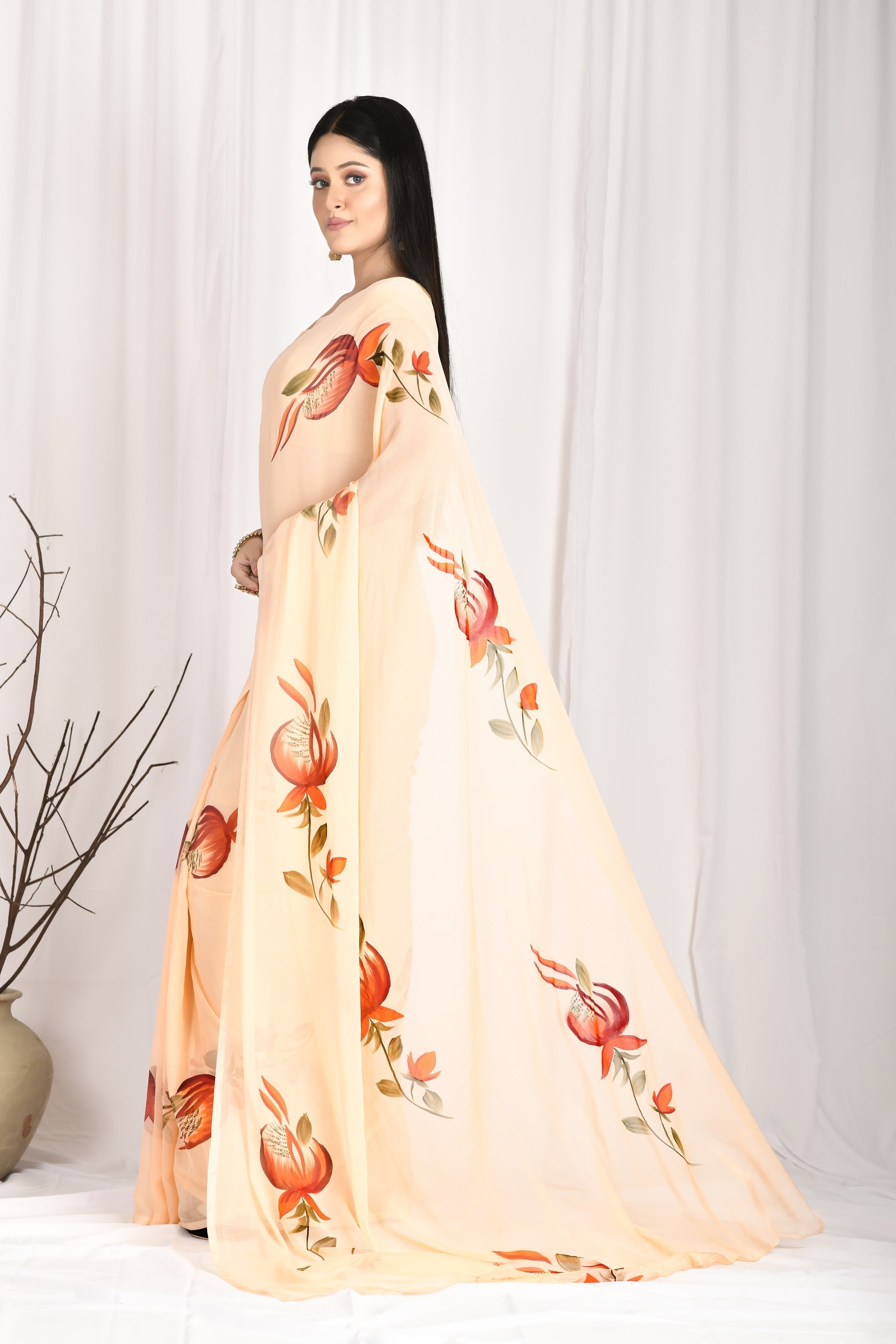 Women's Hand Painted Peach Saree With All-Over Vegetable Dyes With Blouse - Saras The Label