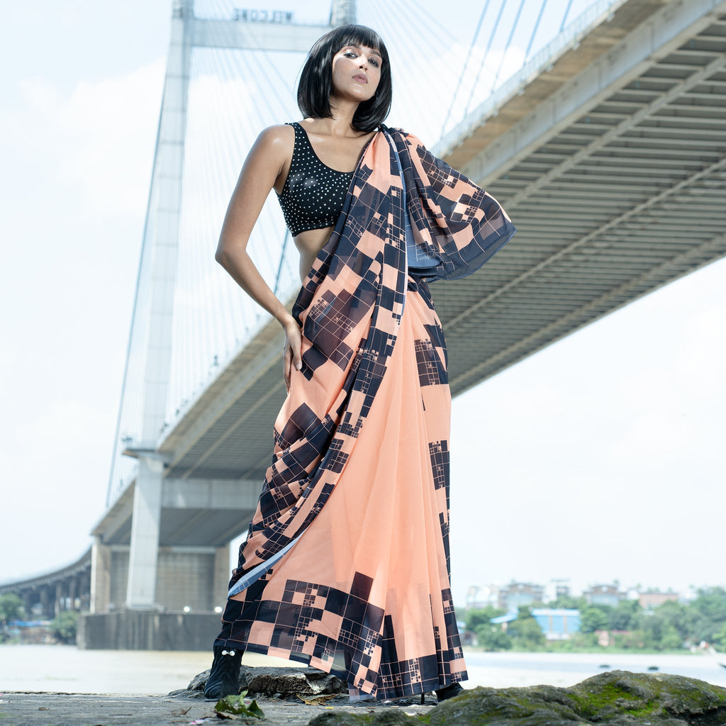 Women's Sunset Skyline Digital Printed Satin Georgette Saree