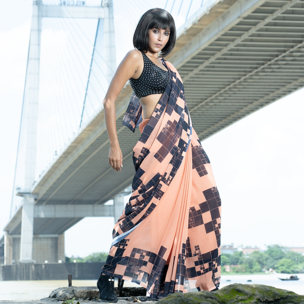 Women's Sunset Skyline Digital Printed Satin Georgette Saree