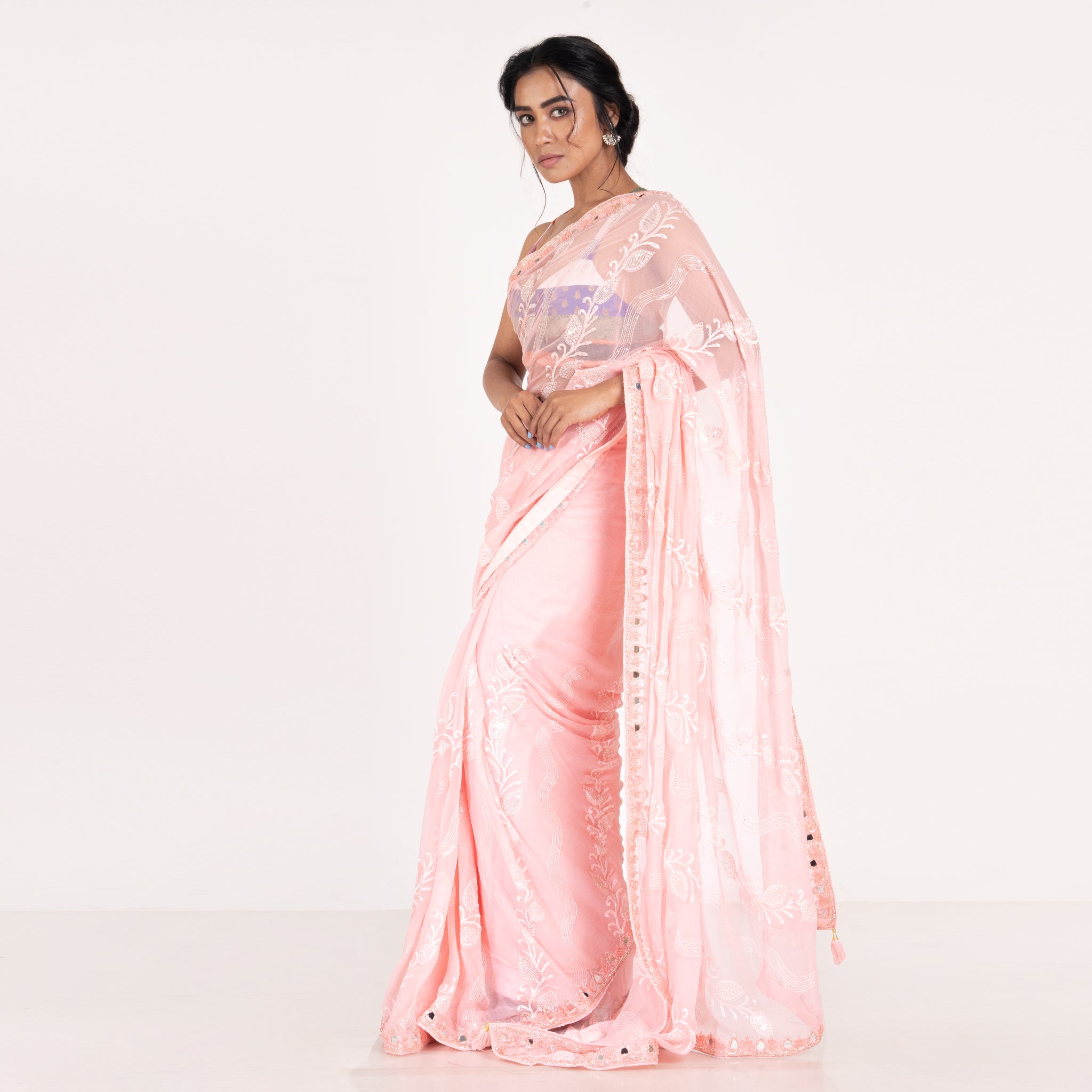 Women's Dusky Pink Pure Chiffon Fully Embroidered Saree With Crystalisation - Boveee