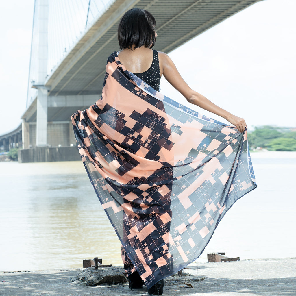 Women's Sunset Skyline Digital Printed Satin Georgette Saree