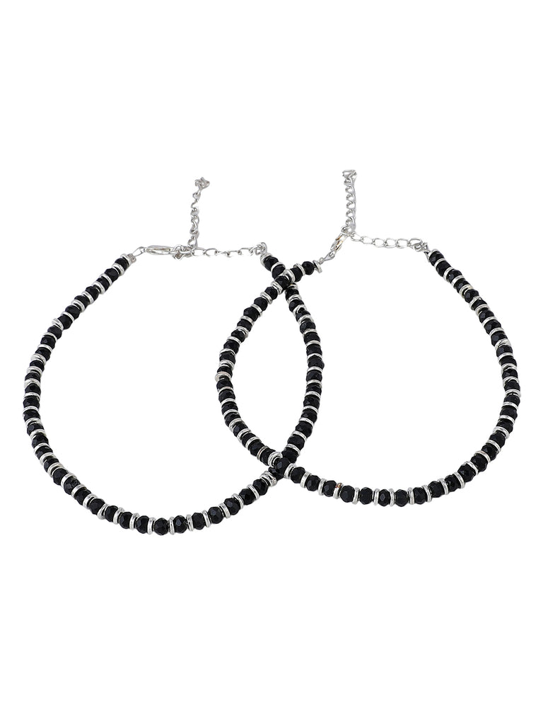 Women's Set Of 2 Classy Silver And Black Western Look Sleek Beads Anklet/Payal