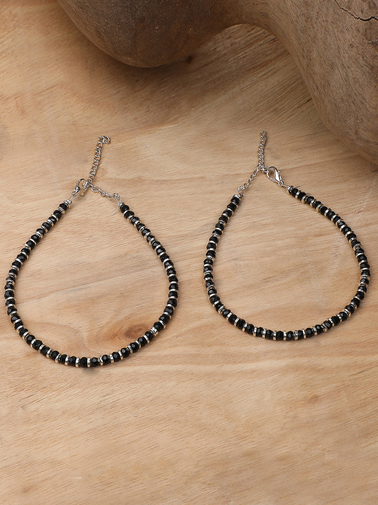 Women's Set Of 2 Classy Silver And Black Western Look Sleek Beads Anklet/Payal