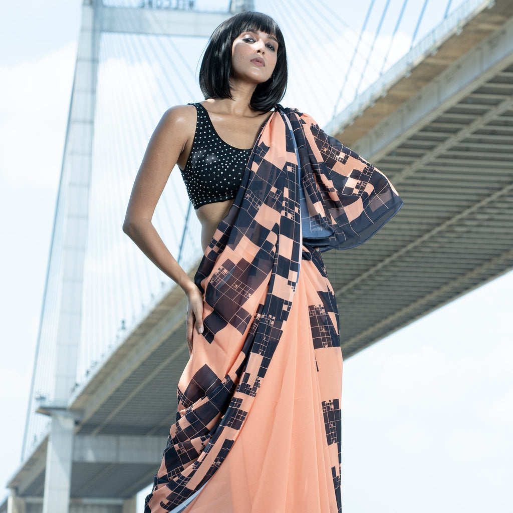 Women's Sunset Skyline Digital Printed Satin Georgette Saree