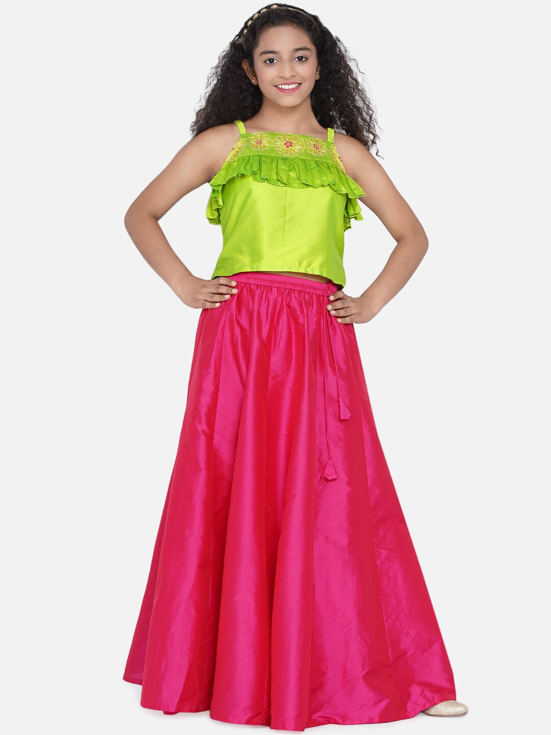 Girl's Green & Pink Embroidered Ready to Wear Lehenga Choli - NOZ2TOZ KIDS