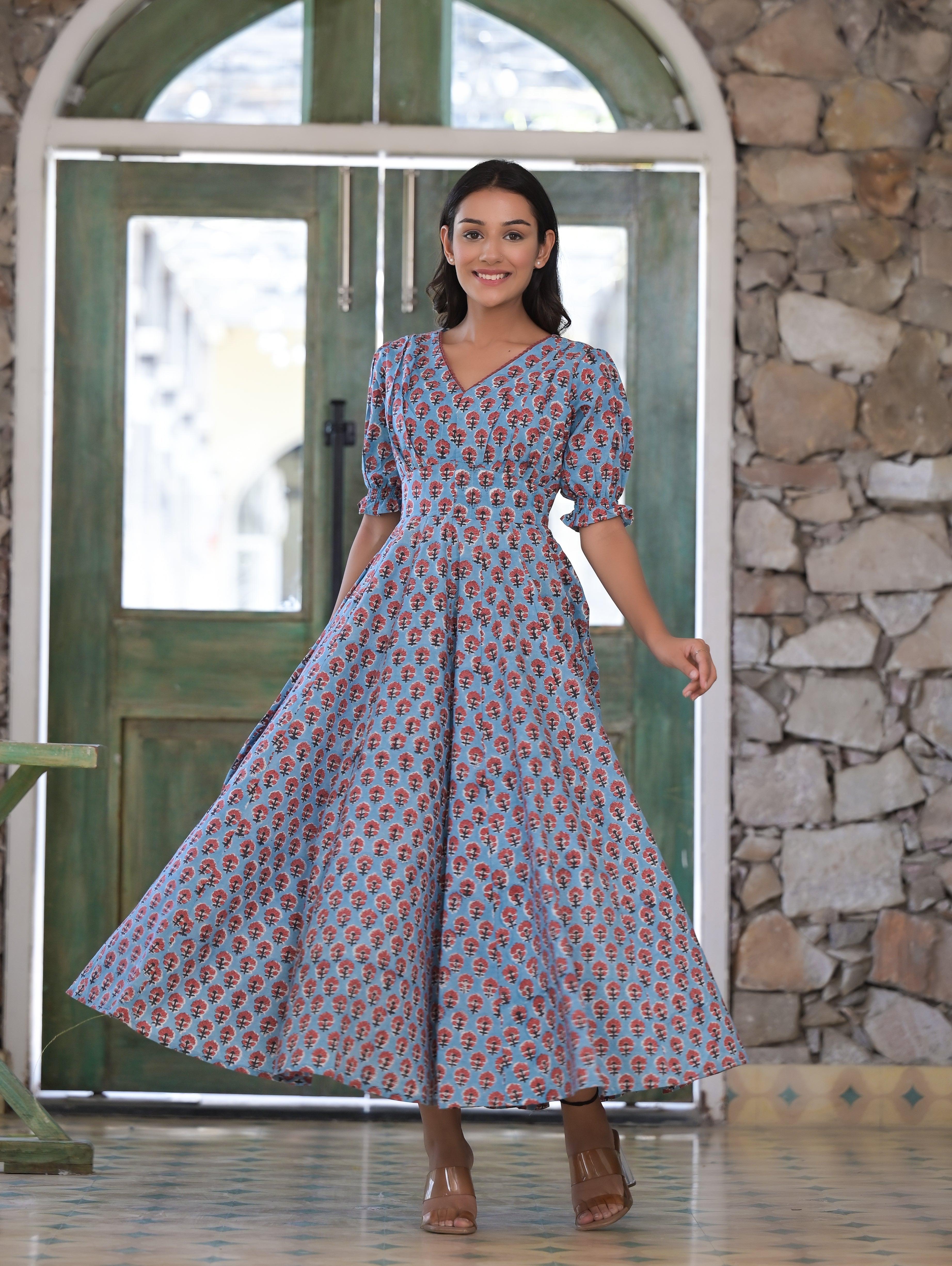 Women's Blue Crimson Red Floral Hand Block Cotton Dress – Trendia