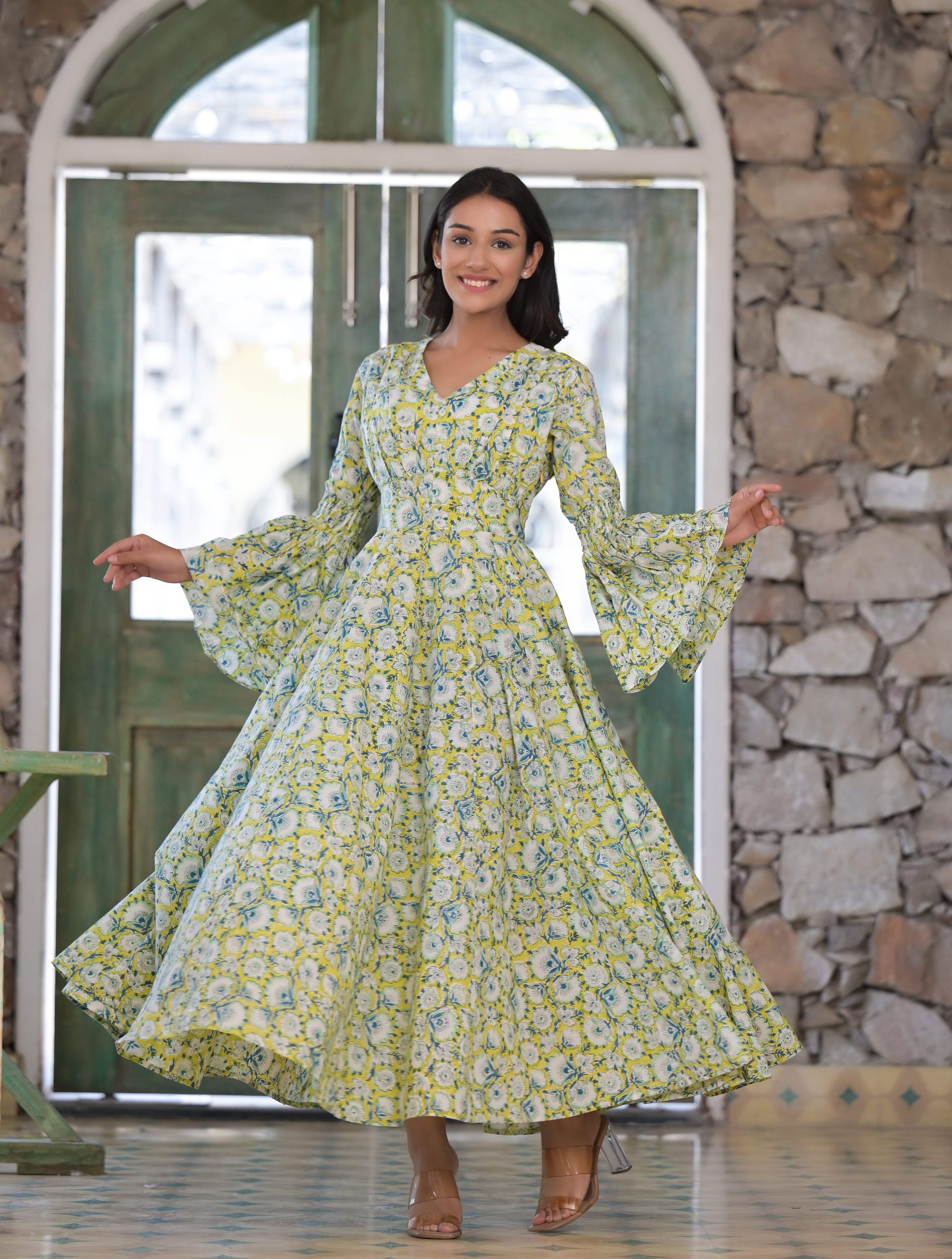 Women's Green Floral Hand Block Cotton Dress - Hatheli