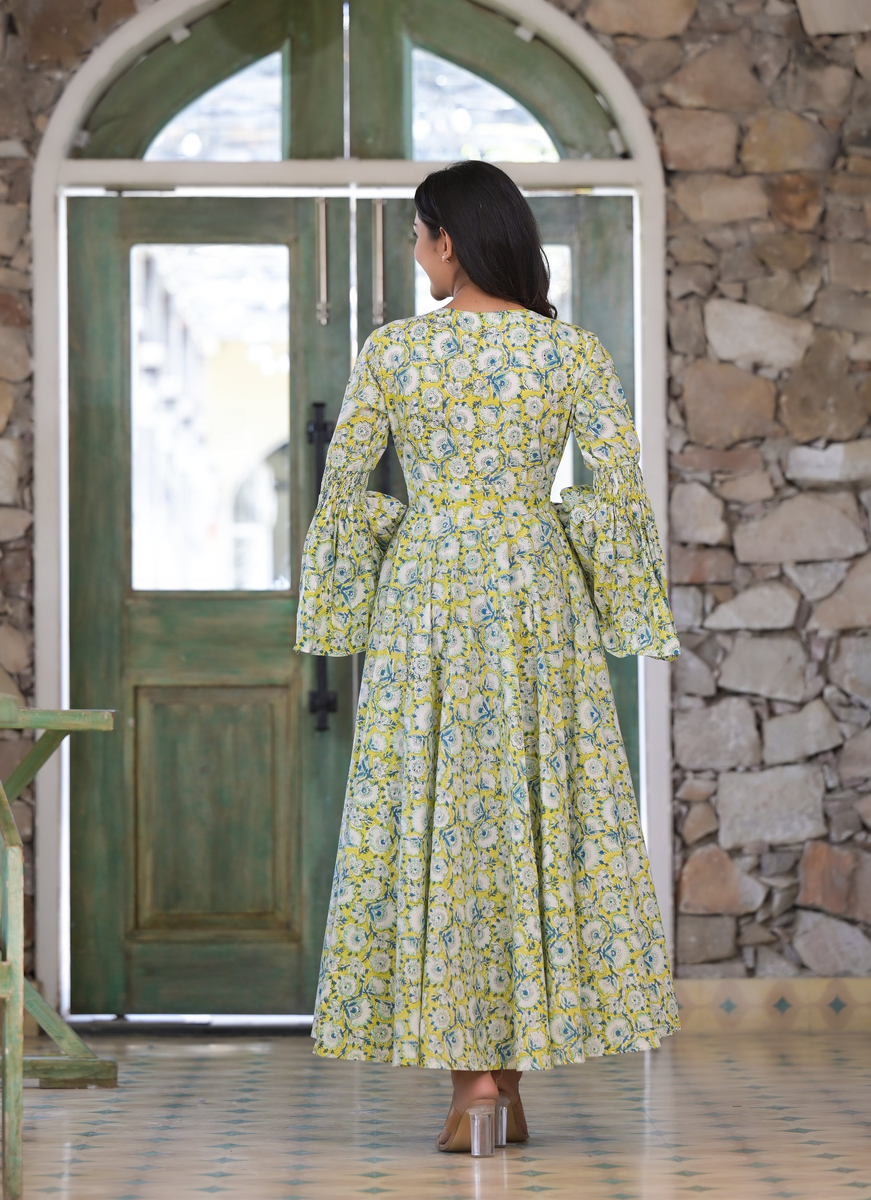 Women's Green Floral Hand Block Cotton Dress - Hatheli