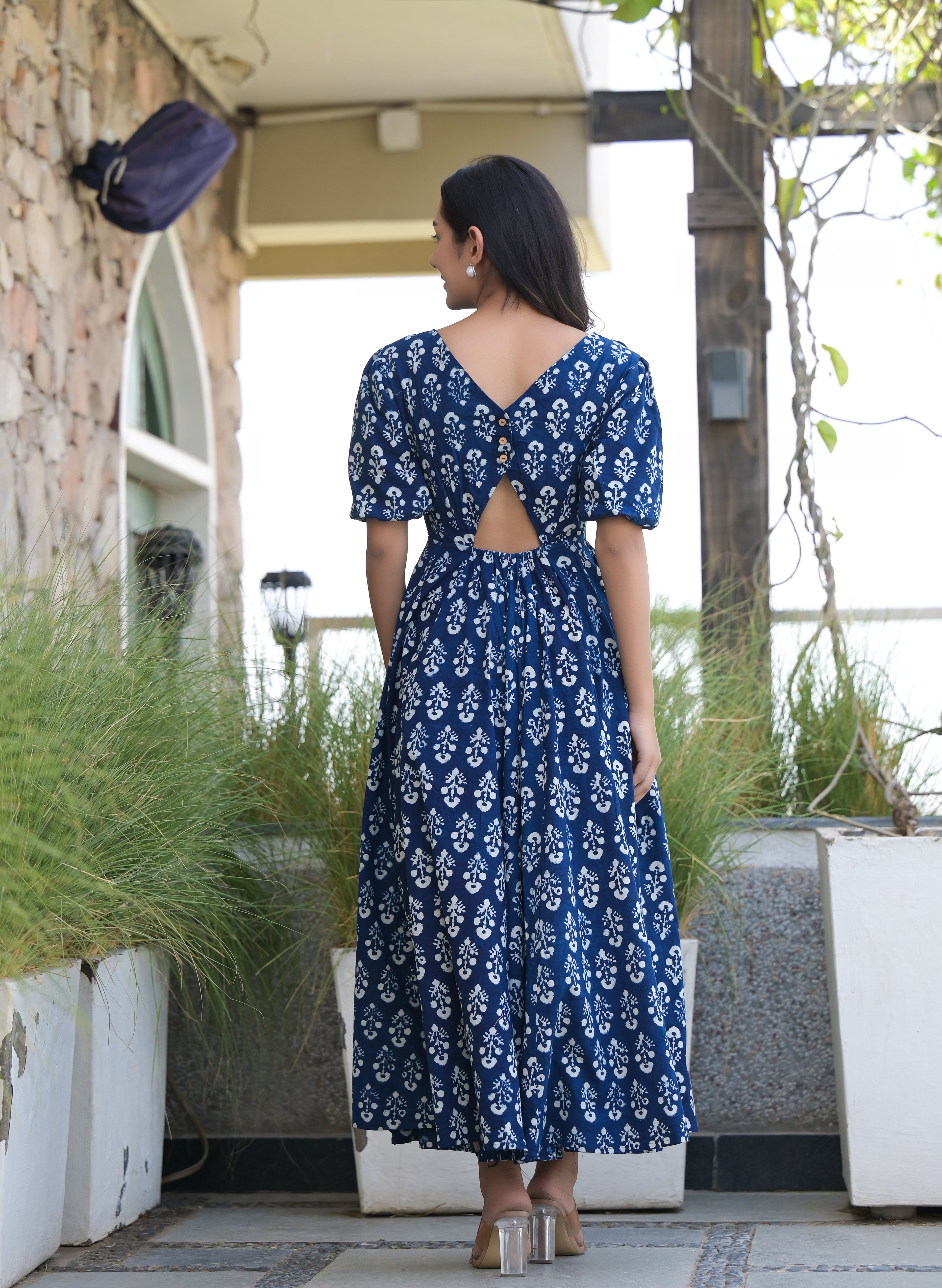 Women's Indigo Blue Interesting Back Hand Block Cotton Dress - Hatheli